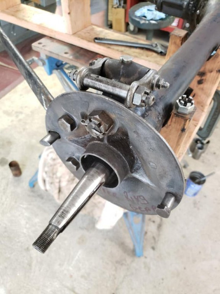 Rear hub, ready for outer roller bearing and new brake shoes.  We are not afraid to label parts, such as the backing plate, in hard to see locations with Sharpie markers. Helps keep us from making mistakes.