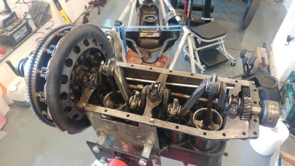 Engine on motor stand, upside down