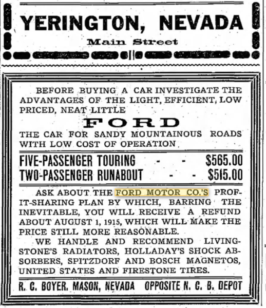 1915 7-31   Light, efficient neat little Ford, for sandy mountainous roads by the Nevada Copper Belt depot   Yerington Times, Nevada .png