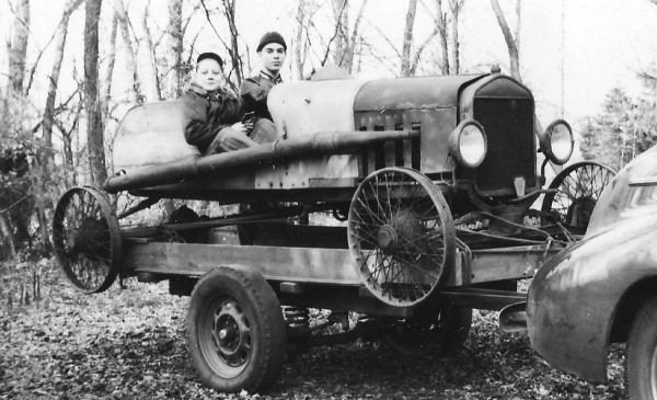 John Barker and Roy Barker with 1919 Ford T Speedster - 1954 (cropped 2).jpg
