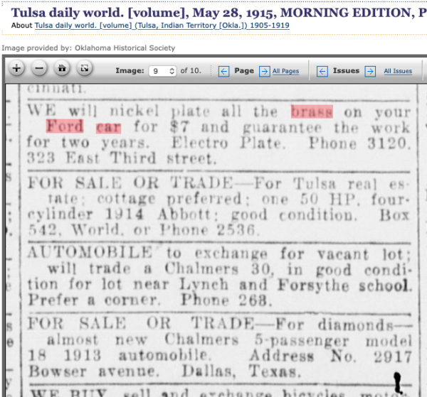 1915 5-28  nickel plating brasswork on Ford cars, only 7 dollars, guaranteed two years .png