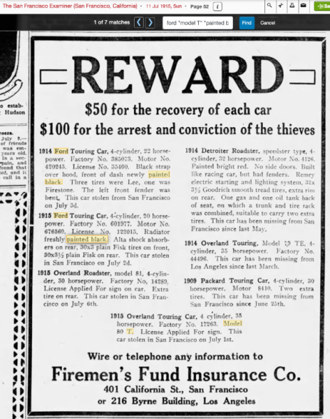 1915 7-11 wanted ad for missing cars, 1914 ford with dash newly painted black; 1915 Ford with radiator freshly painted black .png