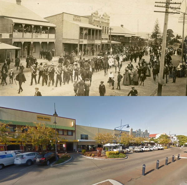 Victoria Street, Taree. Late 1800's and Today. The Royal Hotel is unrecognisable.