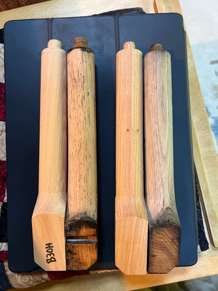 Left, Snyder’s 5/8” tenon spoke.  <br />Right, Lang’s 1/2” tenon spoke.