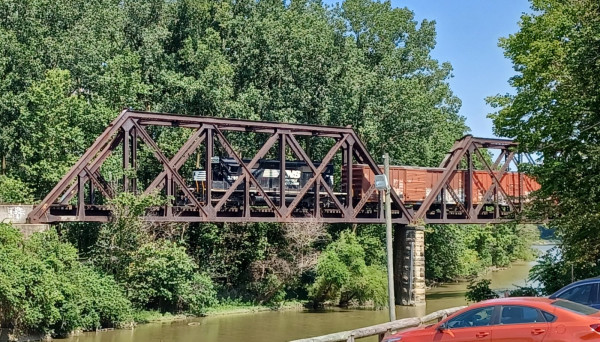 Fun watching the train travel slooowly across this old trestle. Even had a caboose!
