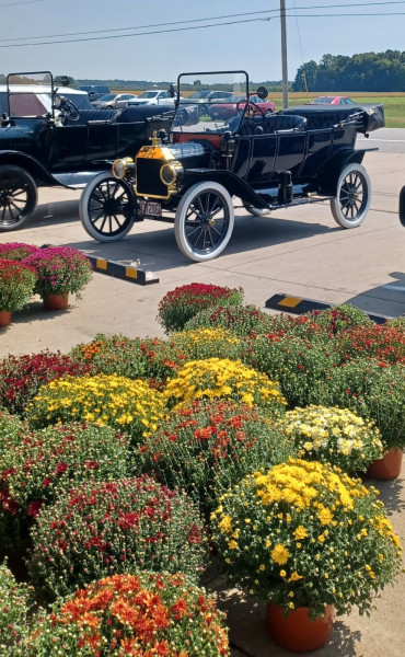 On trip home we stopped for a treat. Couldn't resist this shot of Clara my '13 with Jeff's '20 by the gorgeous mums. Gotta love fall.