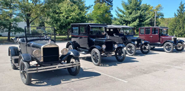 Jim's '26 Roadster,  Mike's (our club Prez) '24, Art's '23, my '26 parked at the garden stop.