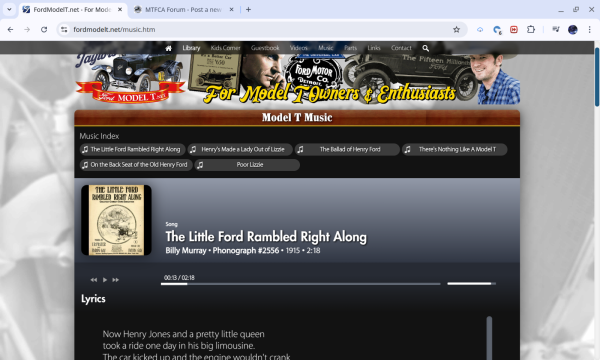 Music page screenshot from fordmodelt.net