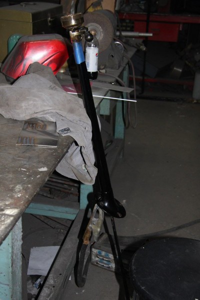 Column set up for brazing. Note ground and foot pedal.