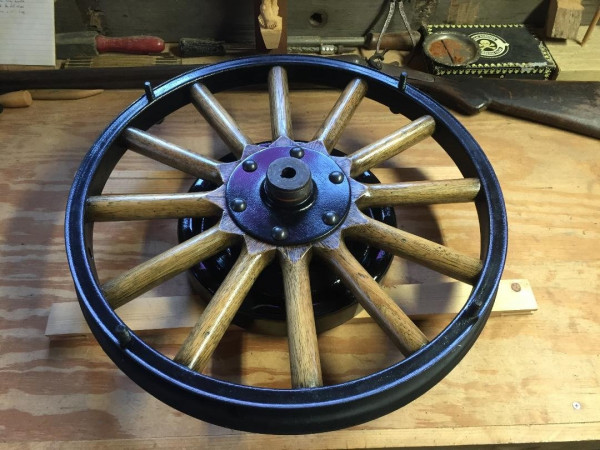 The first refinished wheel with hub swapped to make it a rear wheel.