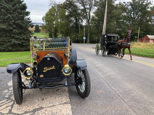About to be passed by a Mennonite family coming home from church.