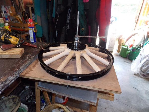 Setting the spokes in place.