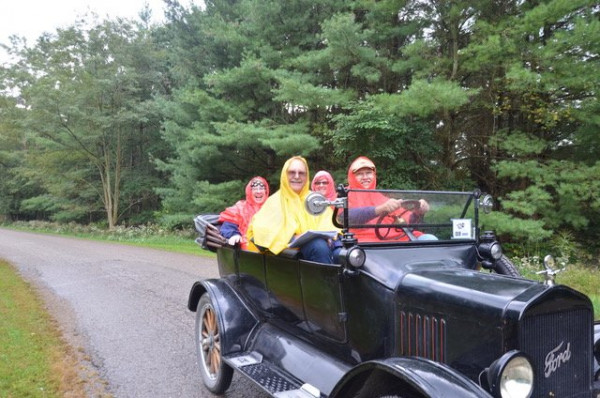 Covered Bridge Tour 2019 - my wife is the one in the back with the big grin! Apparently getting wet in a Model T was fun to her....not so much to me. We've got a top now.